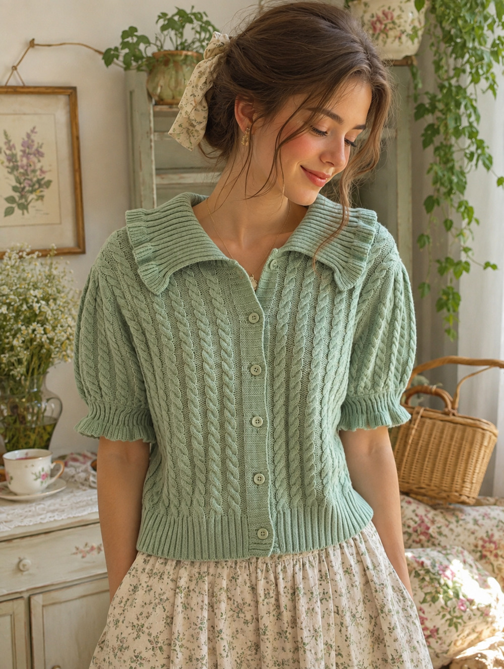 NWOT Cotton Emporium Women's Large Green Knit Cottagecore Croquette Sweater